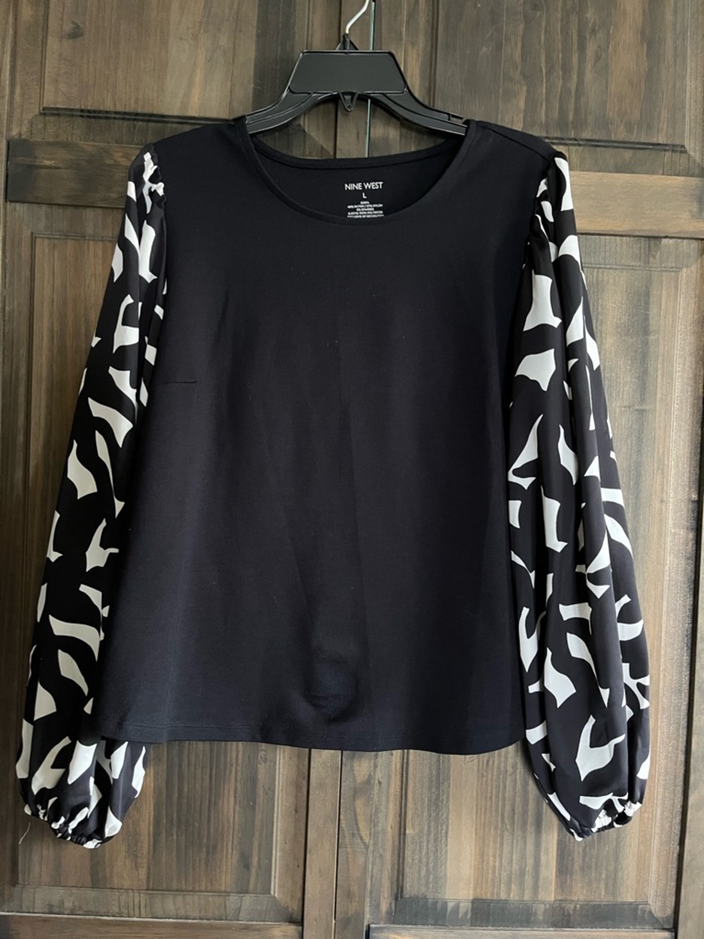 Nine West Black Top with Monochrome Printed Puff Sleeves